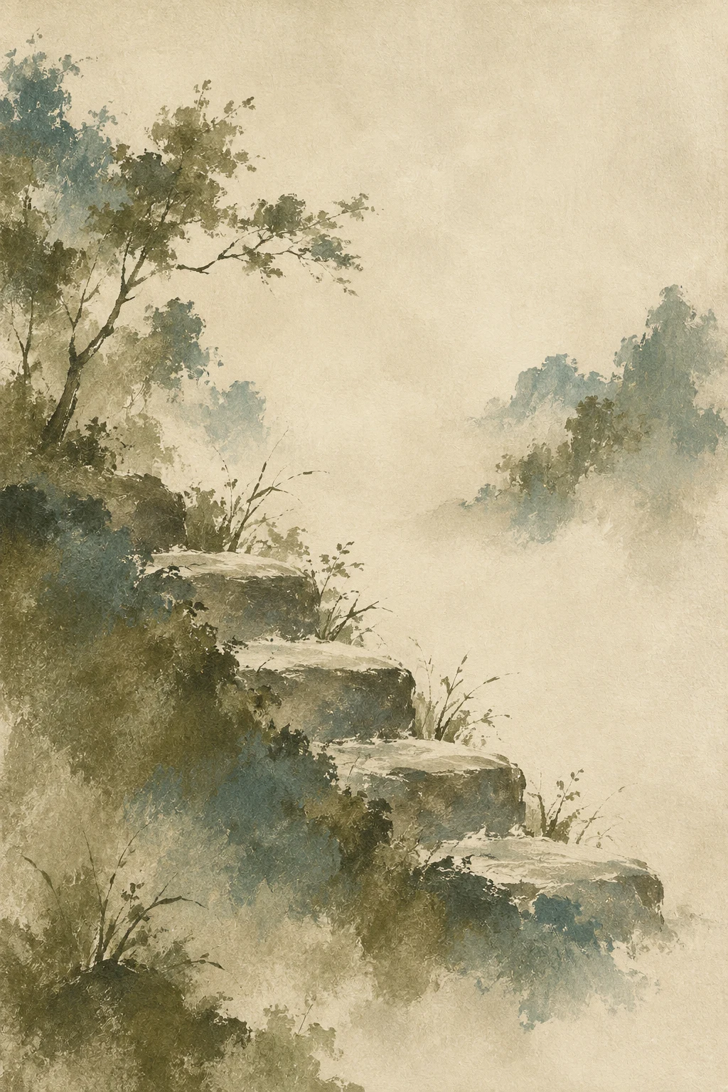 Four shallow steps descending across the field in cream, taupe, sage, olive; portrait artwork.