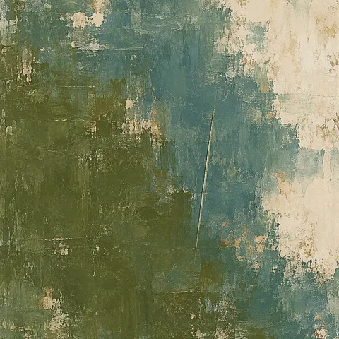 A single vertical scored line, slightly off-vertical in olive, cream, taupe, brown; square artwork.