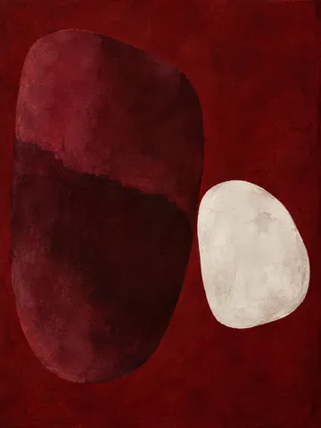 Two river-stone shapes, one large one small in burgundy, black, blush; portrait artwork.