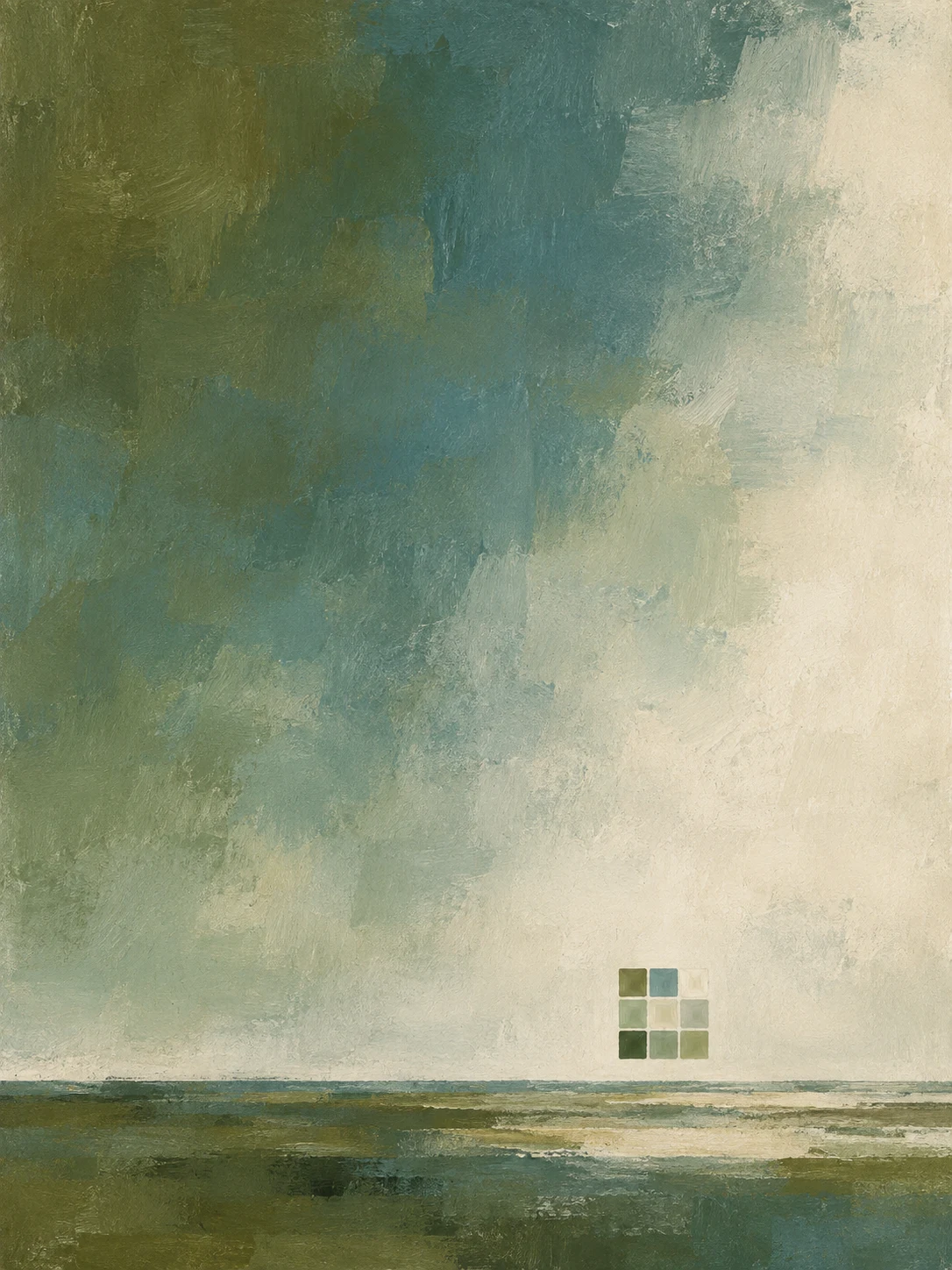 A quiet grid of nine soft squares in olive, stone, cream, green; portrait artwork.