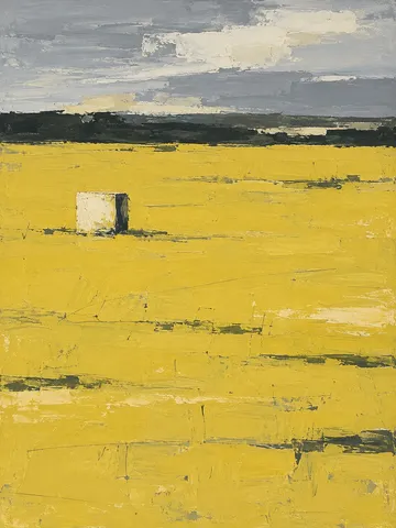 A lone small square floating in a vast field in yellow, sage, olive; portrait artwork.