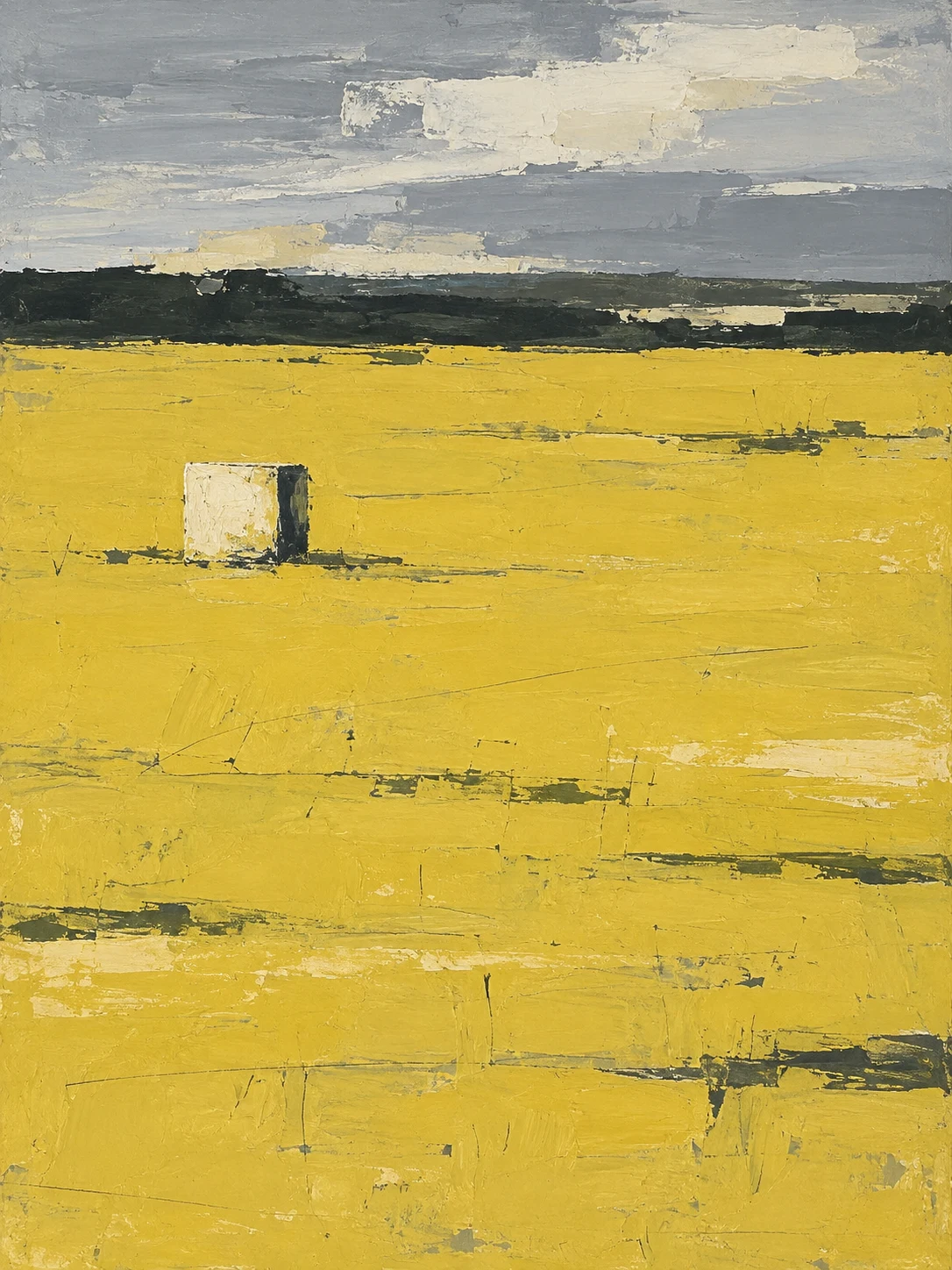A lone small square floating in a vast field in yellow, sage, olive; portrait artwork.