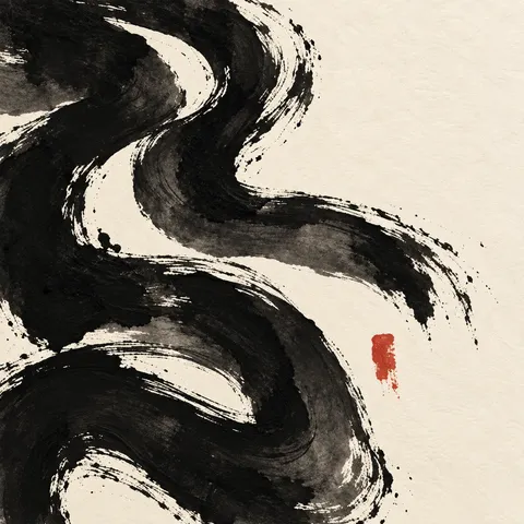 Thick flowing organic bands like a river seen from above in black, cream, white, charcoal; square artwork.