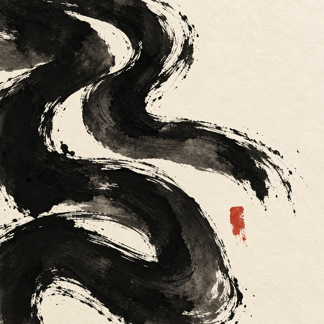 Thick flowing organic bands like a river seen from above in black, cream, white, charcoal; square artwork.