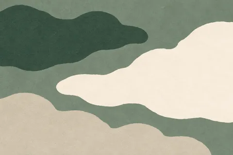 Soft cloud-like forms drifting left in white, stone, taupe, charcoal; landscape artwork.