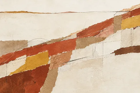 One long confident sweep from lower left to upper right in cream, rust, white, ochre; landscape artwork.