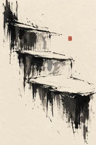 Four shallow steps descending across the field in cream, black, gray; portrait artwork.