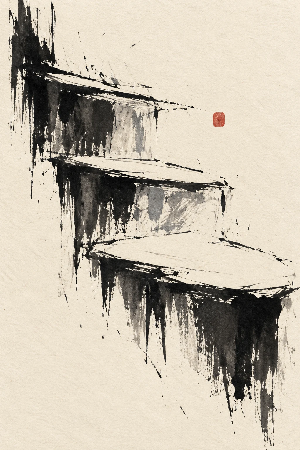 Four shallow steps descending across the field in cream, black, gray; portrait artwork.