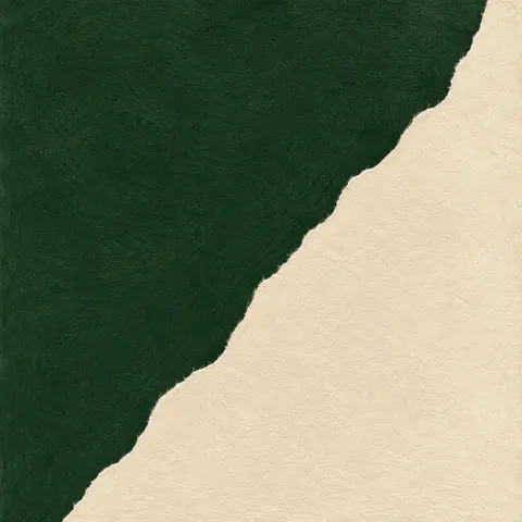 One bold diagonal split, two colors in forest green, cream, black; square artwork.