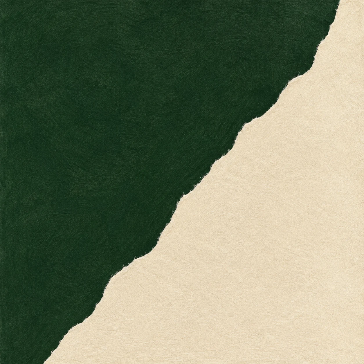One bold diagonal split, two colors in forest green, cream, black; square artwork.