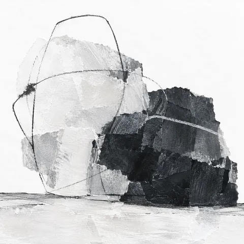 Two overlapping soft organic forms in white, cream, charcoal, stone; square artwork.