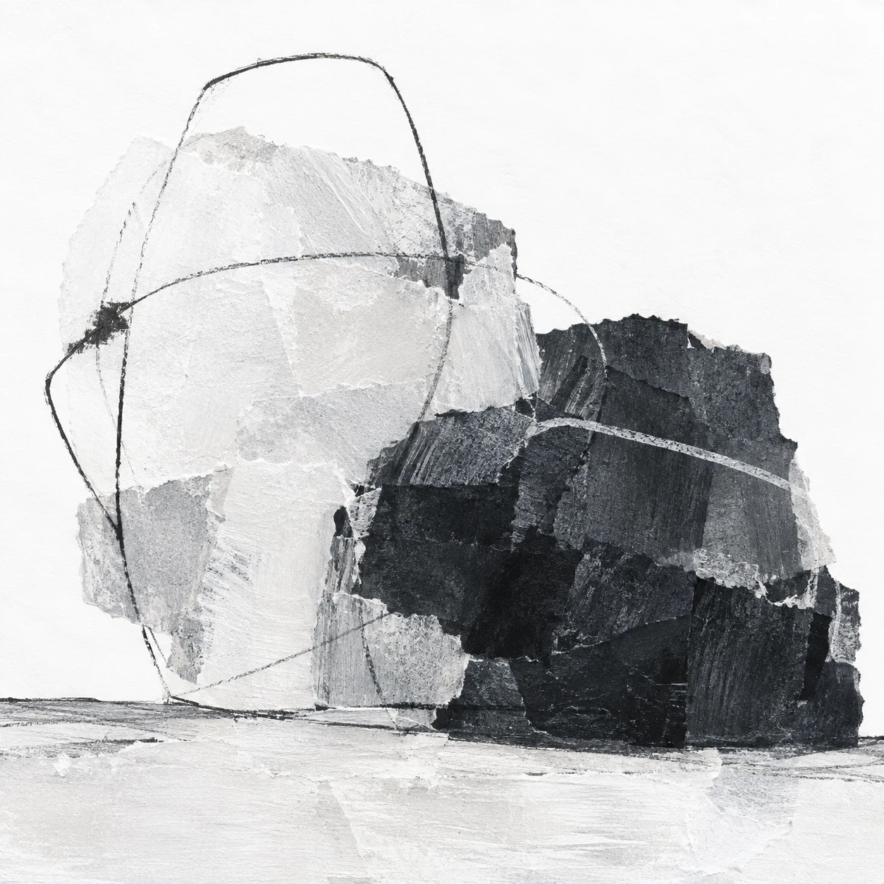 Two overlapping soft organic forms in white, cream, charcoal, stone; square artwork.