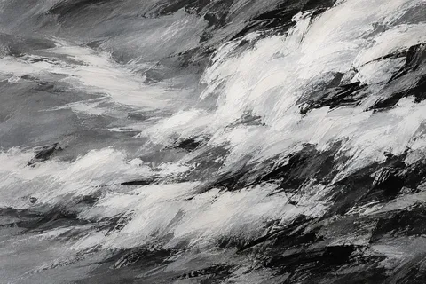 Soft cloud-like forms drifting left in stone, charcoal, gray, cream; landscape artwork.