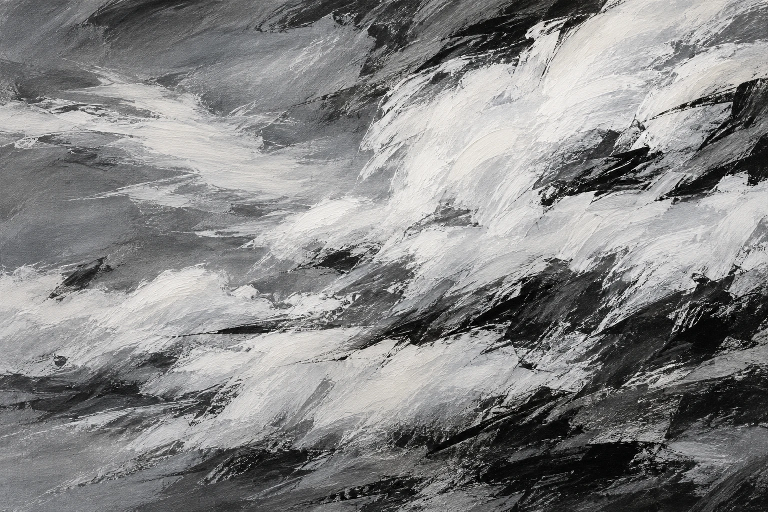 Soft cloud-like forms drifting left in stone, charcoal, gray, cream; landscape artwork.
