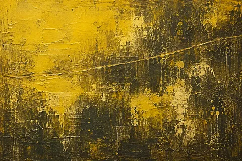 A thin gold-brass line across a dark field in brown, ochre, yellow, olive; landscape artwork.