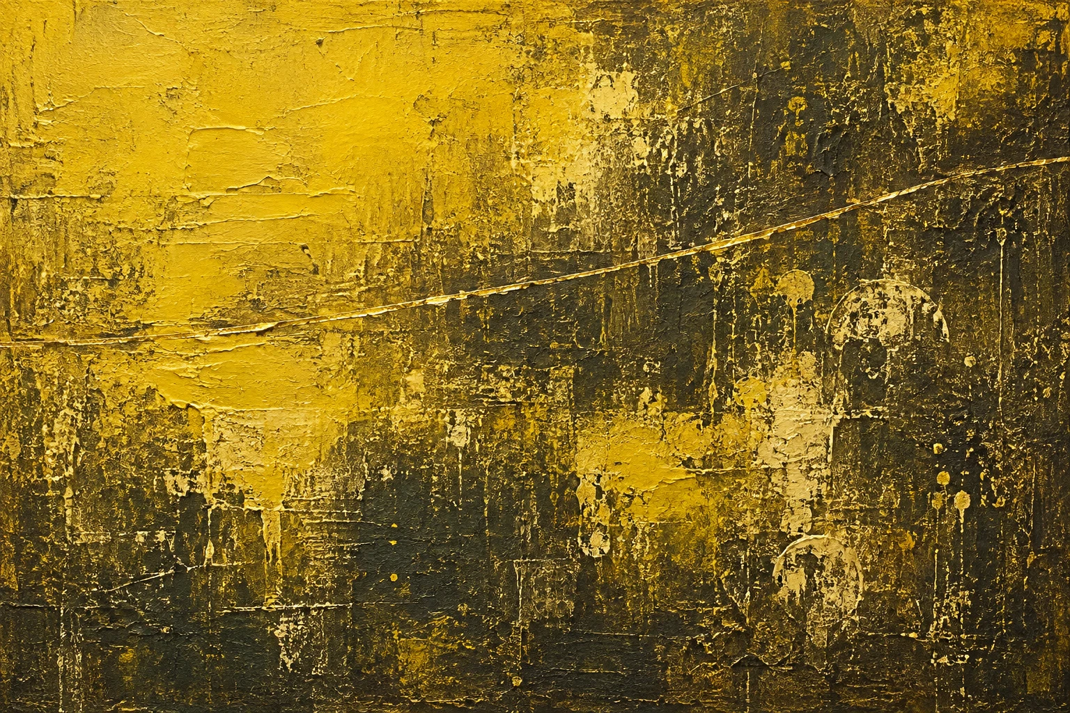 A thin gold-brass line across a dark field in brown, ochre, yellow, olive; landscape artwork.