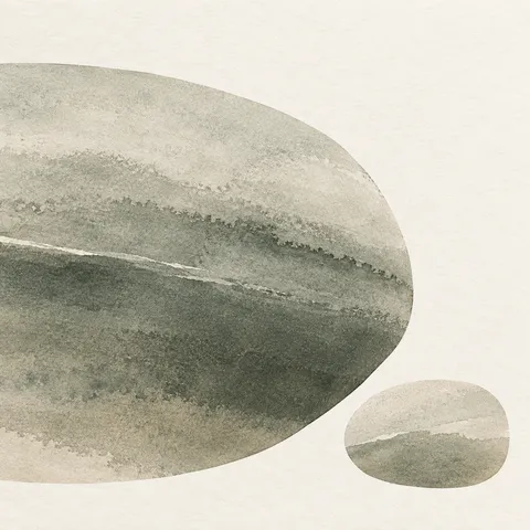 Two river-stone shapes, one large one small in white, stone, sage, sand; square artwork.
