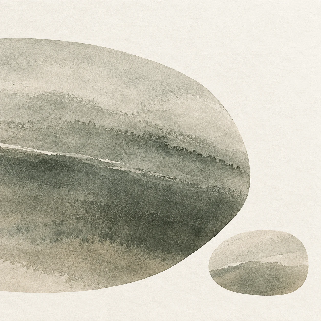 Two river-stone shapes, one large one small in white, stone, sage, sand; square artwork.