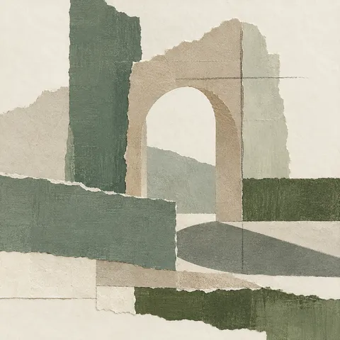 An arch and its shadow in cream, taupe, sand, stone; square artwork.