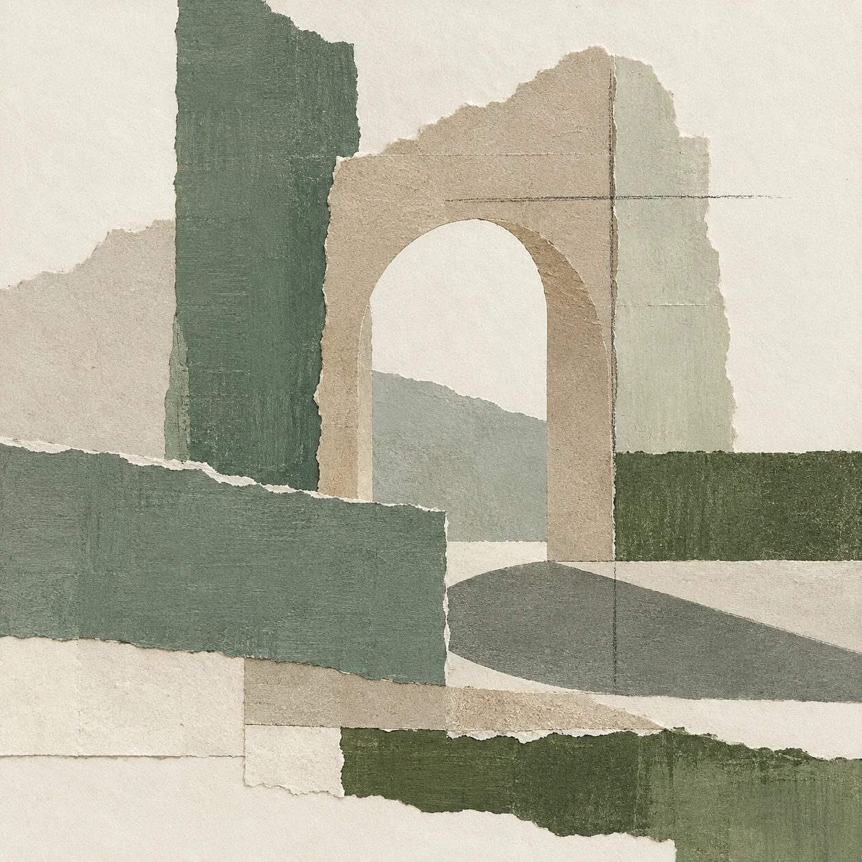 An arch and its shadow in cream, taupe, sand, stone; square artwork.