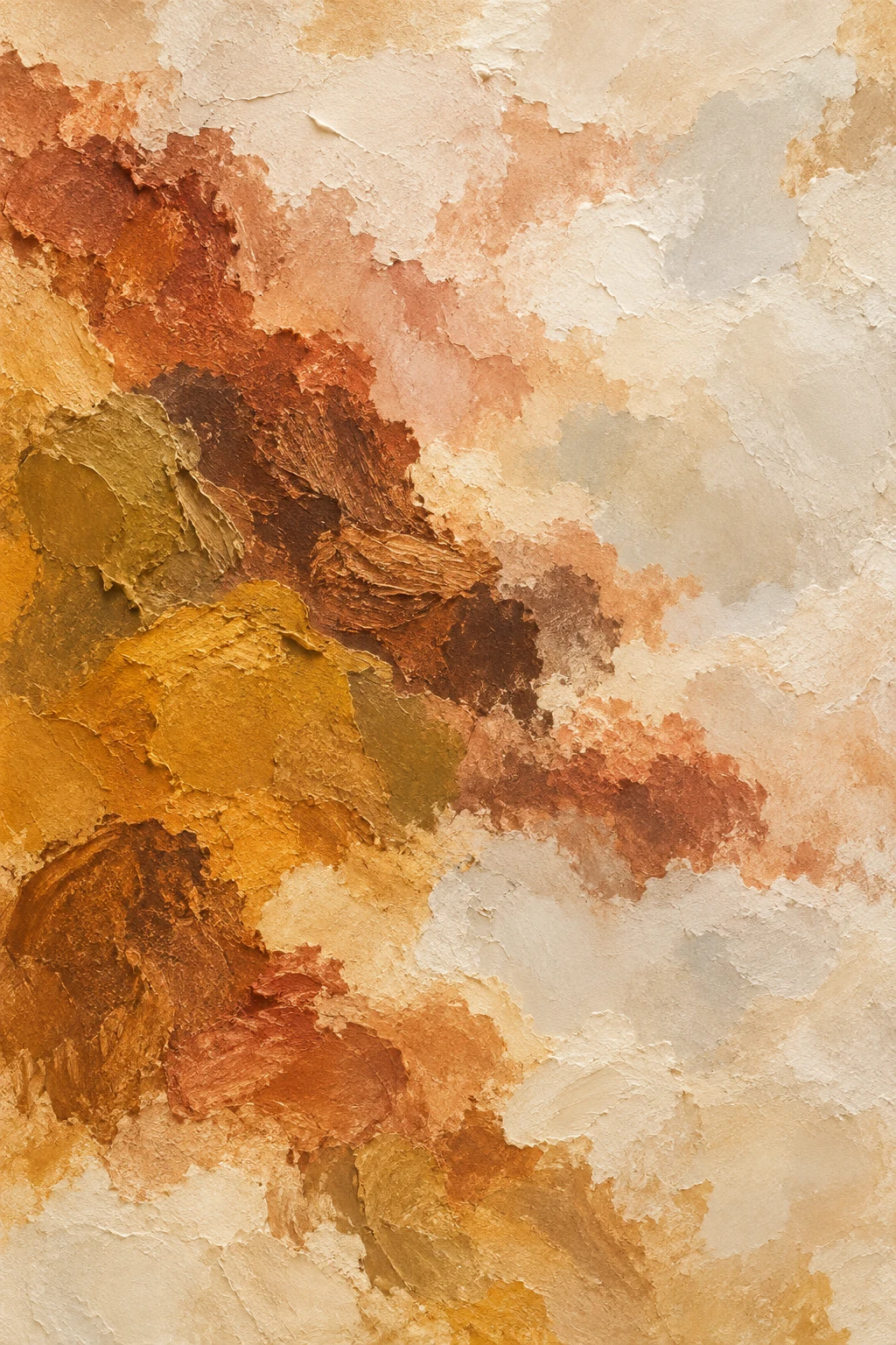 Soft cloud-like forms drifting left in cream, stone, terracotta, ochre; portrait artwork.