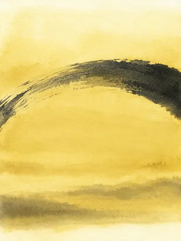 A single wide arc crossing the field in yellow, cream, white, sand; portrait artwork.