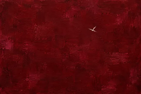 Two calligraphic strokes crossing in burgundy, black; landscape artwork.
