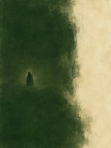 A monolith form standing left of center in forest green, cream, taupe; portrait artwork.