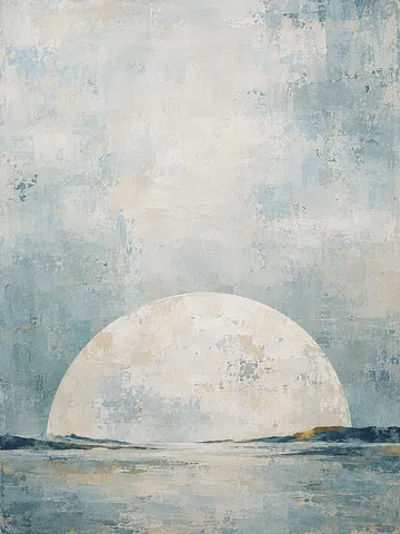 A half-moon rising from the bottom edge in cream, stone, gray; portrait artwork.