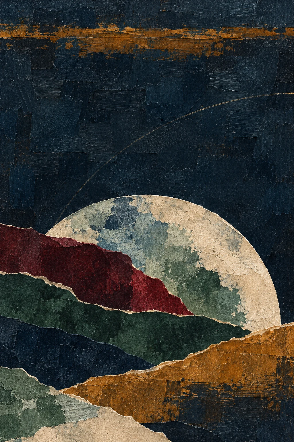 A half-moon rising from the bottom edge in black, brown, sand, charcoal; portrait artwork.