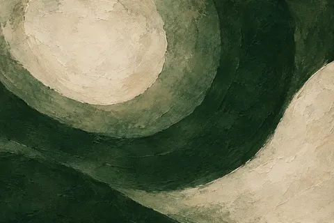 Concentric soft rings, uneven in black, forest green, stone, olive; landscape artwork.