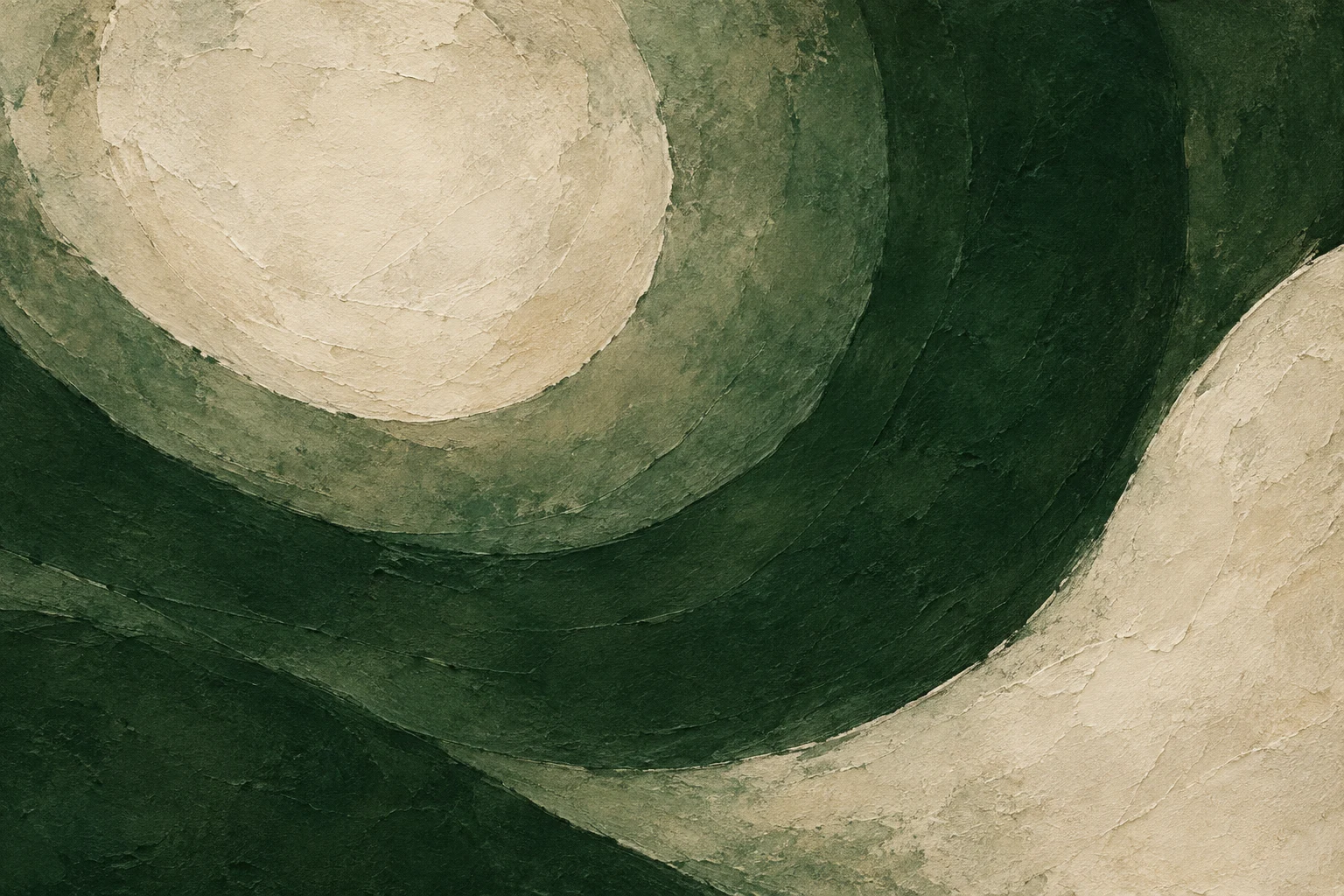 Concentric soft rings, uneven in black, forest green, stone, olive; landscape artwork.