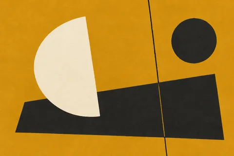 A single vertical scored line, slightly off-vertical in orange, black, cream; landscape artwork.