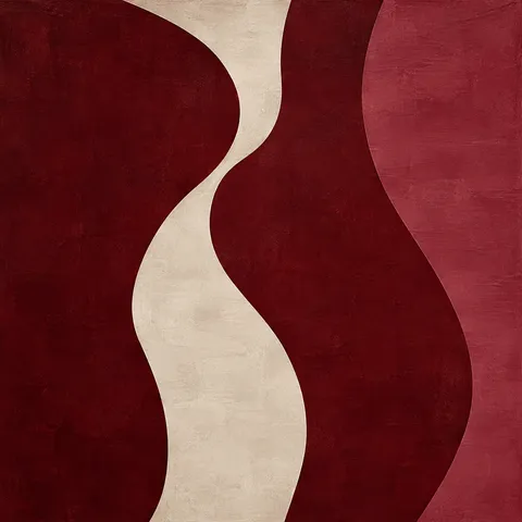 Three flowing vertical bands that bend like a slow current in burgundy, rust, stone, black; square artwork.