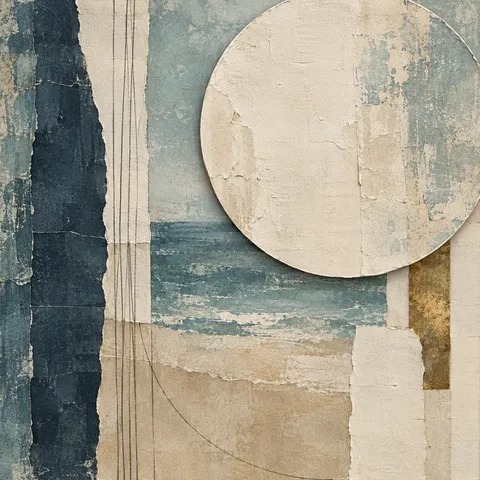 A large circle with a softly shaded edge, off-center in cream, stone, navy, gray; square artwork.