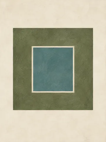 A square within a square, the inner one recessed in cream, olive, stone; portrait artwork.