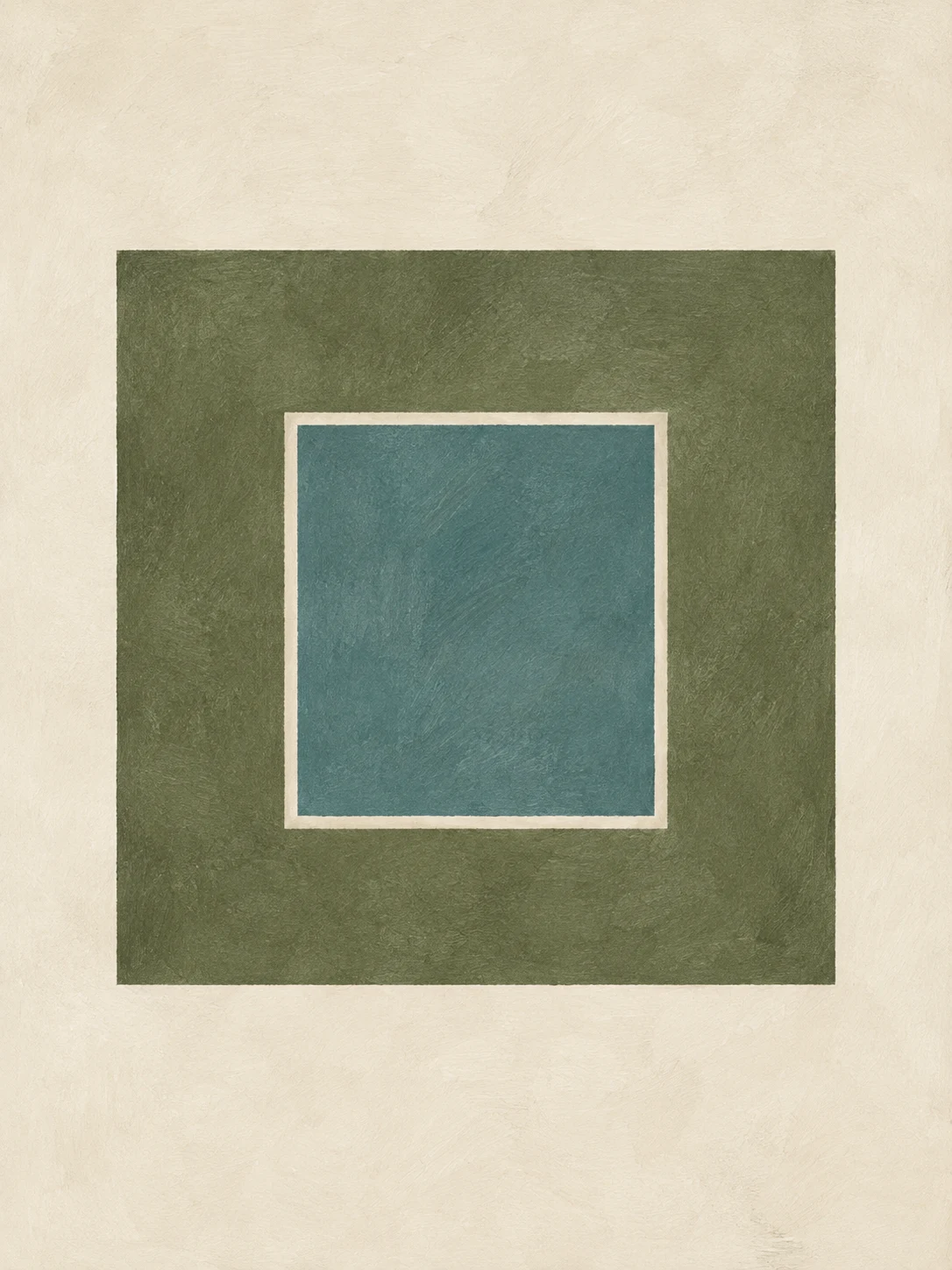 A square within a square, the inner one recessed in cream, olive, stone; portrait artwork.