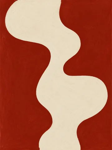 A single brushstroke column set off-center in rust, cream; portrait artwork.