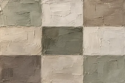 A quiet grid of nine soft squares in taupe, stone, cream, gray; landscape artwork.