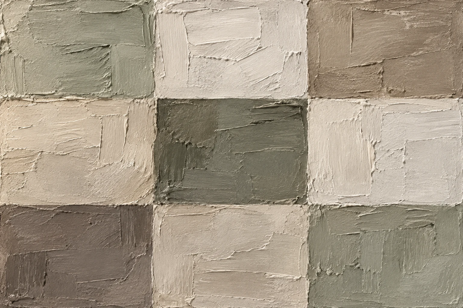 A quiet grid of nine soft squares in taupe, stone, cream, gray; landscape artwork.