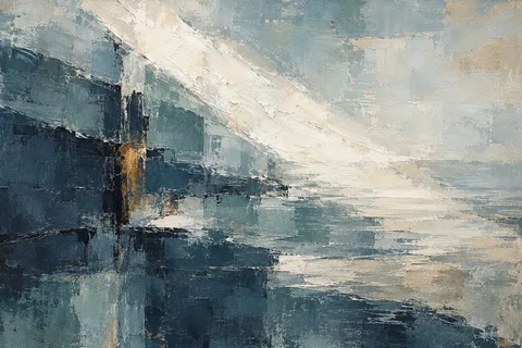 A diagonal plane of light crossing a textured field in stone, gray, charcoal, navy; landscape artwork.