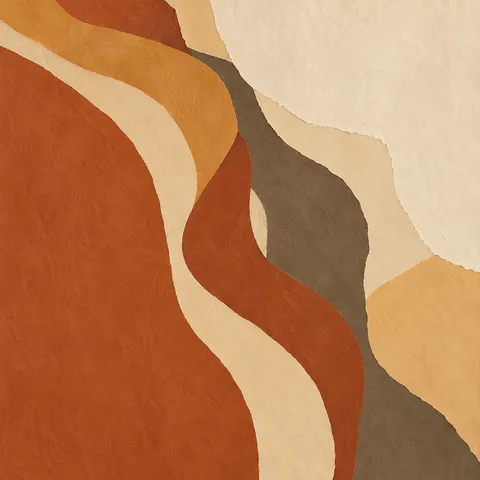 Thick flowing organic bands like a river seen from above in terracotta, cream, rust, sand; square artwork.