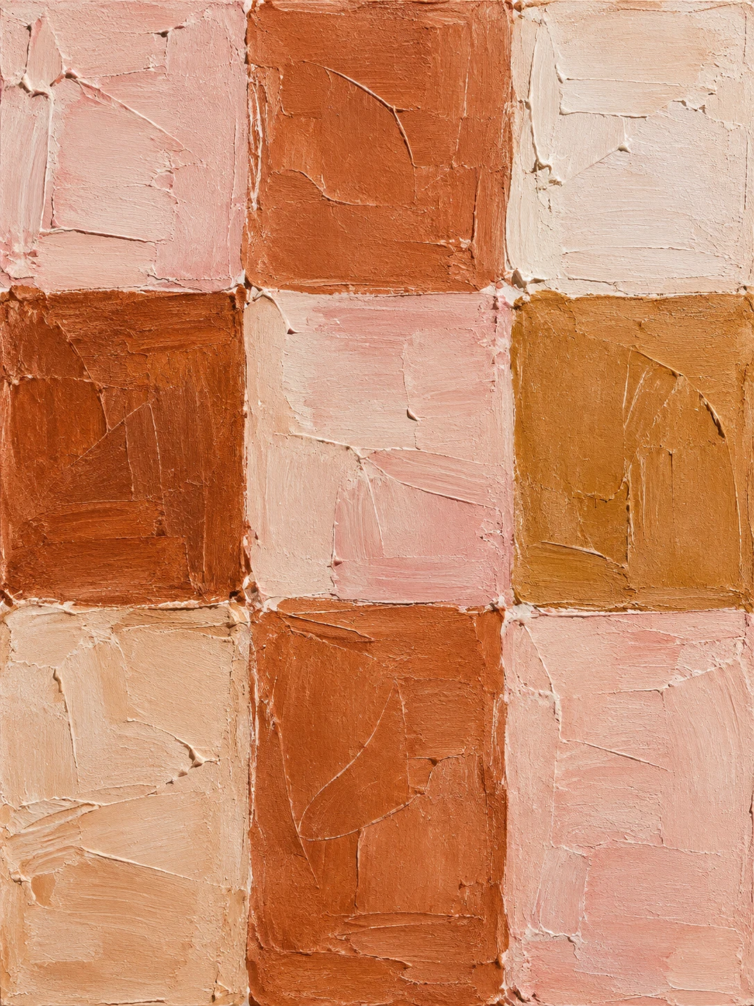 A quiet grid of nine soft squares in terracotta, blush, stone, cream; portrait artwork.