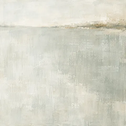 A single horizon line set very high in the field in cream, stone, white; square artwork.