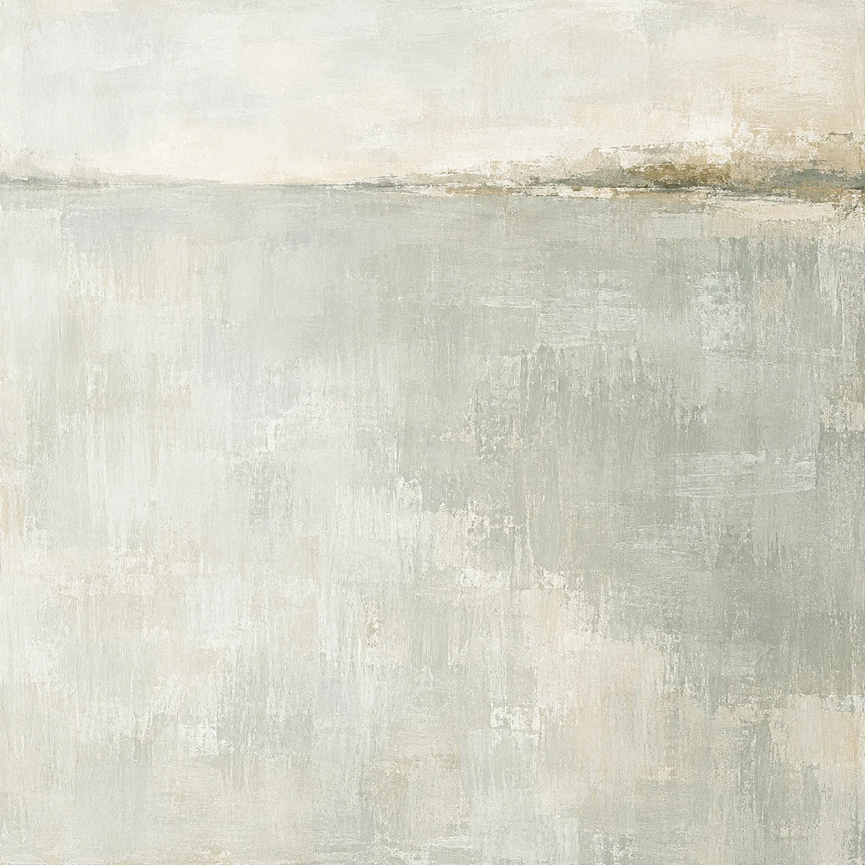 A single horizon line set very high in the field in cream, stone, white; square artwork.