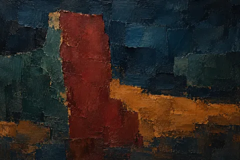 A monolith form standing left of center in black, burgundy, rust, navy; landscape artwork.