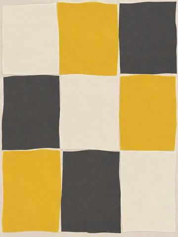A quiet grid of nine soft squares in cream, yellow, charcoal; portrait artwork.