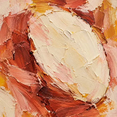 An oval relief on a rough ground in cream, blush, stone, red; square artwork.