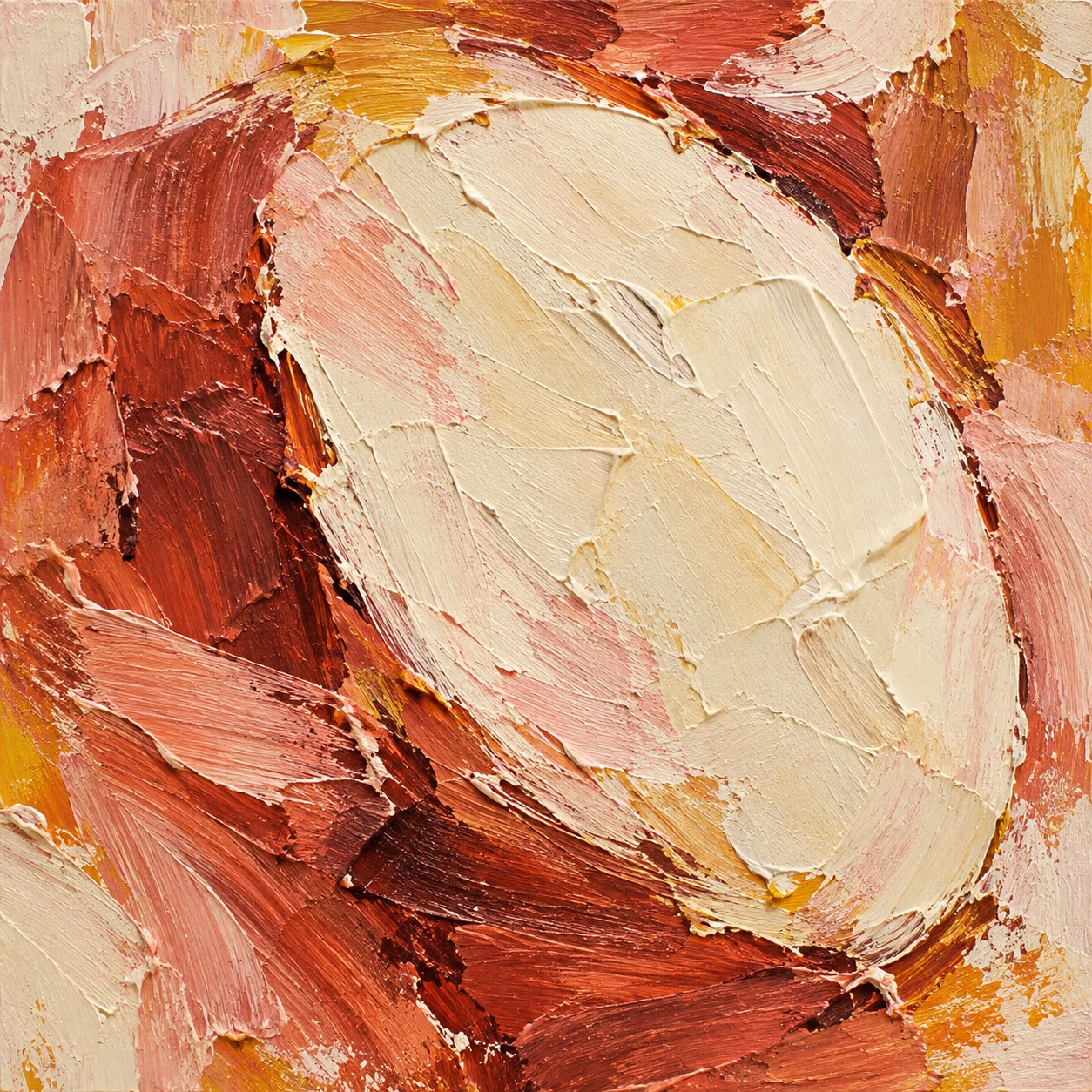 An oval relief on a rough ground in cream, blush, stone, red; square artwork.