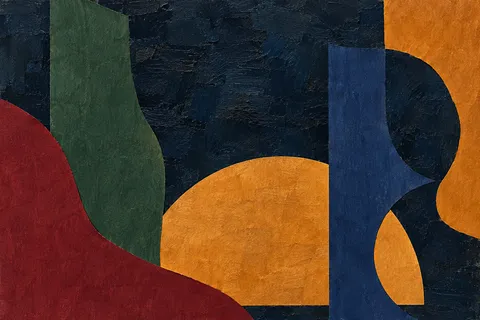 A half-moon rising from the bottom edge in black, orange, burgundy, forest green; landscape artwork.